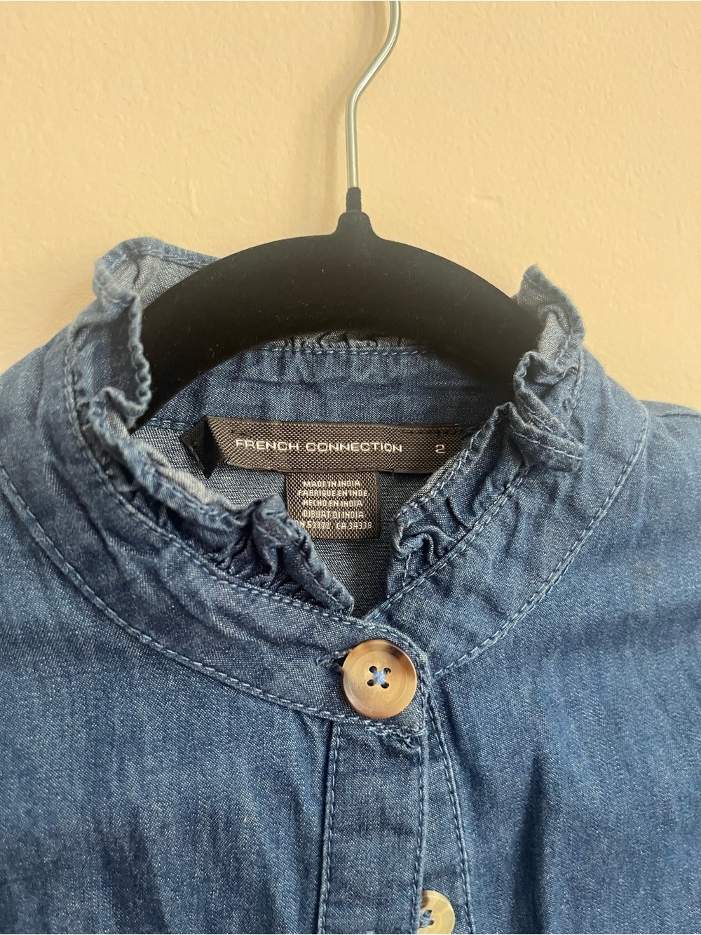 French Connection Blue Ruffle-Trim Button-Up Blouse - Picture 3 of 5